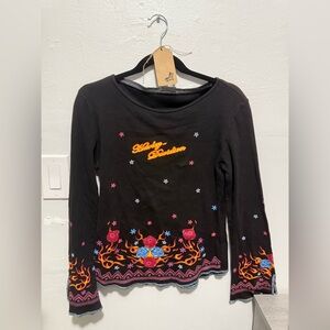 Harley-Davidson Black Top with Floral Accents bell sleeve rare vintage Y2K